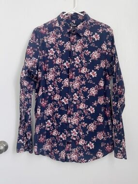 Express Extra Slim Blue Floral Button Down Shirt Size Large Tall 16-16.5 Neck